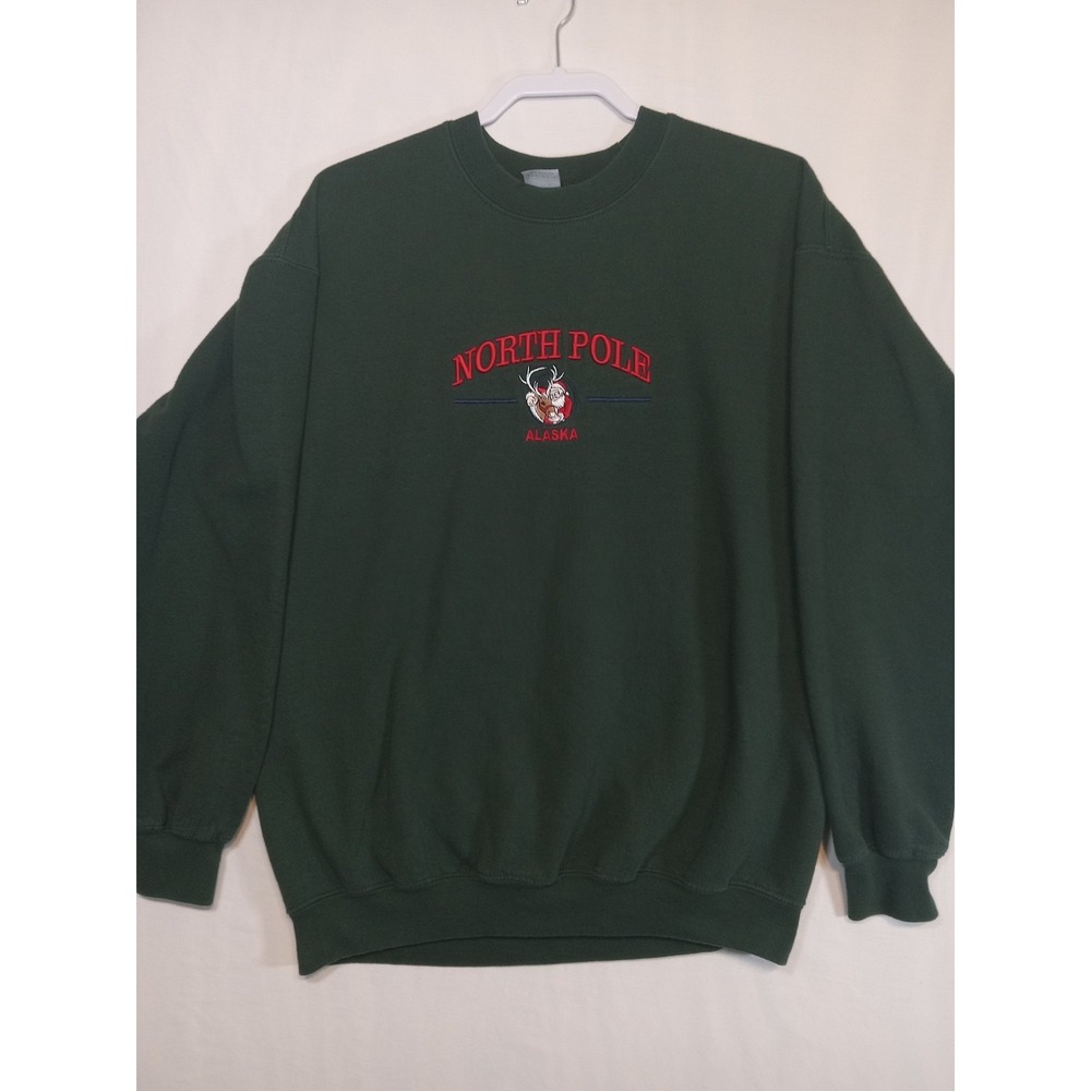 VTG North Pole Green Sweatshirt large North Pole City Alaska Embroidery Santa